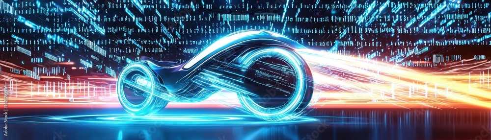 Poster a futuristic vehicle glows with neon lights, speeding through a digital landscape filled with binary