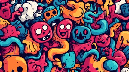Colorful seamless pattern of funny cartoon monsters and skulls