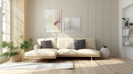 Modern beige living room with artwork and comfortable seating.