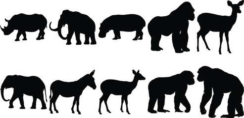 African Wildlife Silhouettes Collection featuring Rhino Elephant Hippo Gorilla Deer Donkey and more animals perfect for design projects