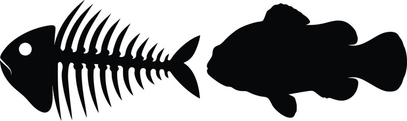 Fish Skeleton and Whole Fish Silhouettes Black Graphic Design Elements for Seafood Restaurant Menu or Marine Biology Project