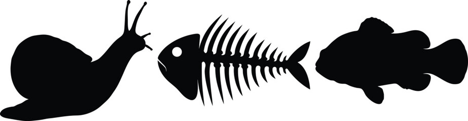 Snail Fish Skeleton Aquatic Life Black Silhouettes Illustration Design Graphic
