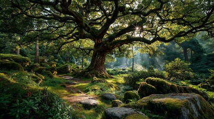 Obraz premium Majestic Tree Canopy Illuminated by Golden Sunrise Rays, Surrounded by Lush Greenery and Moss-Covered Rocks in a Forest