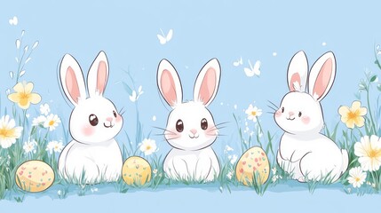 Fototapeta premium Three adorable white bunnies celebrating easter surrounded by flowers