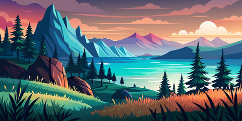 Amazing Sea and mountains landscape flat vector illustration at sunset time, Panorama Green fields, fresh and peaceful rural nature in summer time with green grass