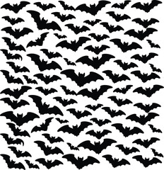 Fototapeta premium A Swarm of Bats Halloween Design Graphic featuring many black bat silhouettes on a white background