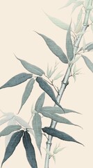 Obraz premium Bamboo Branch with Leaves on a Light Background