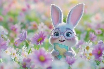 Fototapeta premium Adorable bunny wearing glasses explores a flower field with a map in its paws.