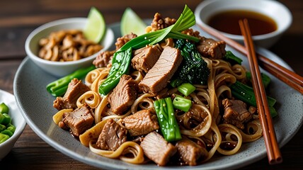 Fototapeta premium Pad See Ew noodles dish with pork, green vegetables, lime slices. Traditional Thai cuisine.