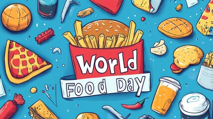 Illustrated food items celebrate world food day with joyful vibrancy
