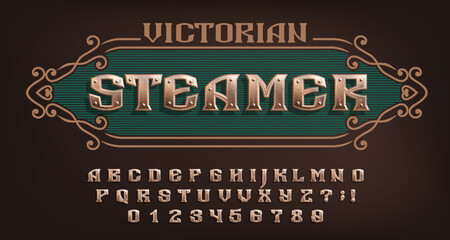 Victorian Steamer alphabet font. Riveted vintage letters and numbers. Stock vector typescript for your design.