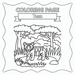 Cartoon Tiger Line Drawing – Coloring Book Page For kid's.  International Children's Book Day