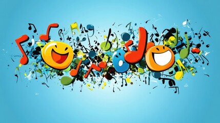 Joyful Music Celebration: A vibrant abstract design featuring happy faces, musical notes, and colorful splashes, expressing pure happiness and musical energy.