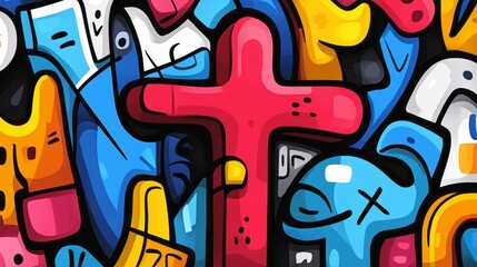 Cartoon graffiti wall art displaying vibrant abstract shapes and colors