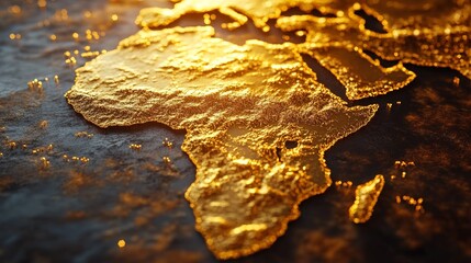Golden texture of africa map on black surface with illuminated highlights. Africa day