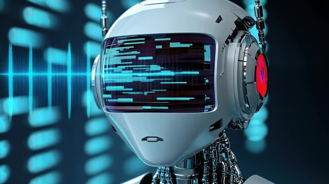 Artificial Intelligence (AI) Portrait: A futuristic and intriguing portrait of an AI robot with glowing blue and red lights, its screen displays cryptic code.