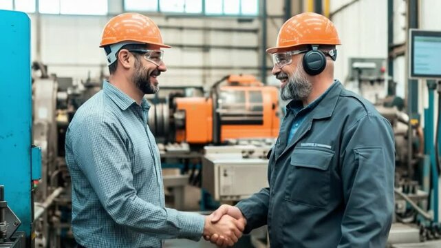 Factory Handshake: Two factory workers seal a deal, their handshake symbolizing partnership and cooperation, in a dynamic image capturing commitment and agreement.