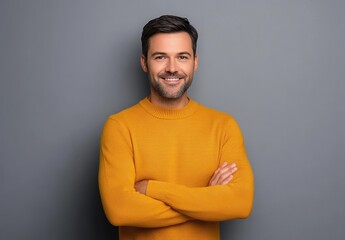 Fototapeta premium Confident smiling man in yellow sweater standing with arms crossed against grey background, casual stylish look, positive attitude portrait 