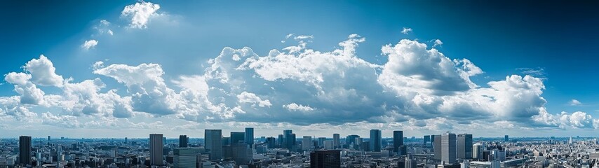 Fototapeta premium Panoramic view of Tokyo skyline with city center buildings and clouds in a wide-angle daytime scene, blue and white tones highlighting modern urban architecture