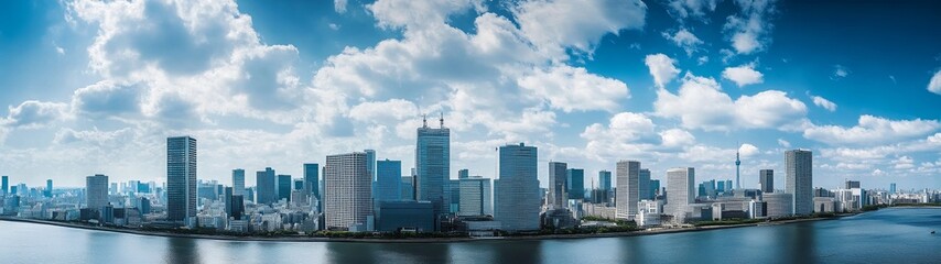Fototapeta premium Panoramic view of Tokyo skyline with city center buildings and clouds in a wide-angle daytime scene, blue and white tones highlighting modern urban architecture