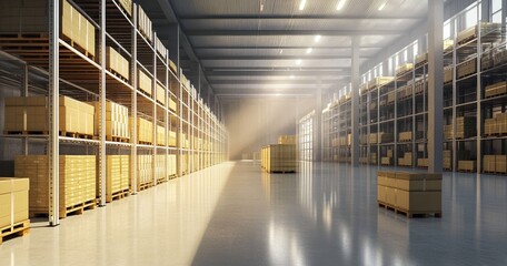 Fototapeta premium Spacious warehouse interior with pallet racks and cartons in the background, clean empty floor in front, soft lighting highlighting storage and logistics space