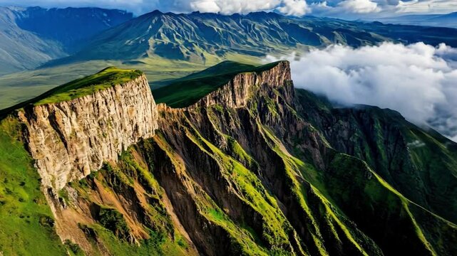Majestic Mountain Ridge: A dramatic, aerial perspective captures a towering mountain ridge reaching for the sky.  The ridge's rocky face is etched with layers of green foliage.