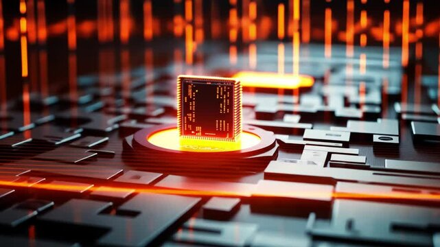 Cybernetic Core: Intricate network of digital circuitry, with a focal emphasis on a central processing unit, bathed in the fiery glow of digital technology. It is a futuristic design.
