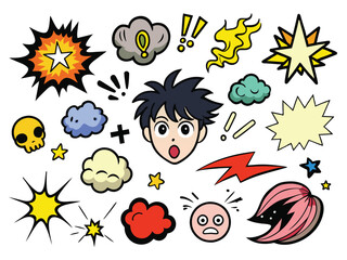 A vector set features a funny cartoon character collection with various face icons showcasing smiles and fun