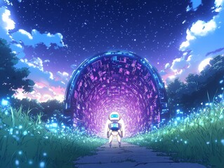 Obraz premium Illustrative Poster: Virtual Tunnel and AI Robot Amidst Starry Grassland