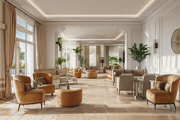 Fototapeta premium Modern Lounge Design Featuring Beige Floor Tiles and Clean White Walls