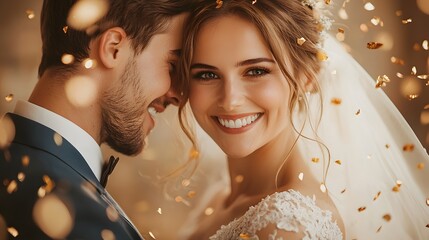 Newlyweds dance under golden confetti at wedding reception