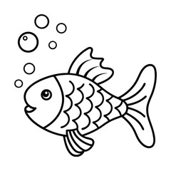 Cute cartoon fish illustration with bubbles in black and white perfect for coloring books