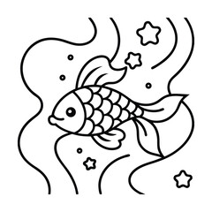 Simple black and white fish illustration with stars and bubbles vector for childrens coloring pages
