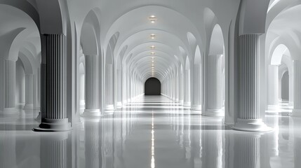 Minimalist White Interior with Long Corridor and Columns, Bright Modern Architectural Background with Shiny Floor