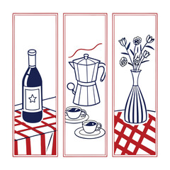 Vintage Coffee and Wine Still Life Illustration in Panel Style .