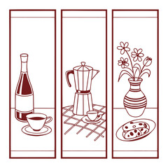 Vintage Coffee and Wine Still Life Illustration in Panel Style .