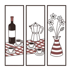Vintage Coffee and Wine Still Life Illustration in Panel Style .