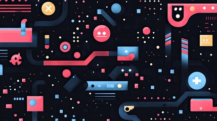 Obraz premium Abstract Geometric Circuit Board Design: Vibrant Pink, Blue, and Dark Background with Various Shapes and Symbols