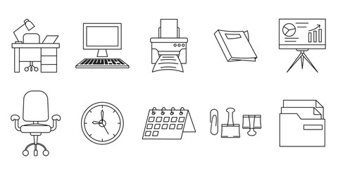 A set of office-themed line icons and elements. desk, computer, printer, book, presentation board, office chair, clock, calendar, stationery clip, and folder. editable strokes