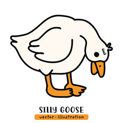 Silly duck, cute goose, cartoon hand drawn vector illustration