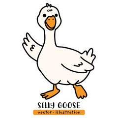 Silly duck, cute goose, cartoon hand drawn vector illustration
