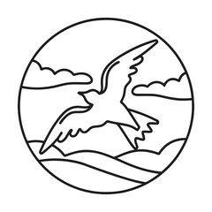 Minimalist outline illustration of a flying bird seagull over sea with clouds in circular frame