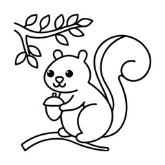 Cute squirrel cartoon illustration with acorn on tree branch perfect for coloring books and vector design