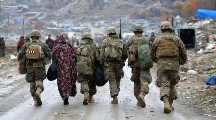 Soldiers assisting civilians during evacuation efforts