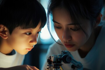 A boy and girl intently study a small robotic arm, their focused expressions highlighting collaborative learning and technological exploration.
