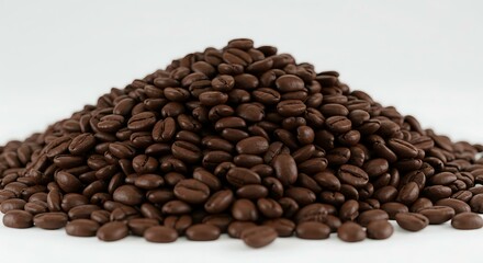 Fototapeta premium Heap of roasted coffee beans white background. Brazilian food