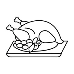 Outline illustration of roasted turkey on platter with garnish ready to serve holiday feast