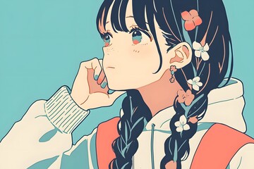 Obraz premium Lovely anime girl with beautifully braided pigtails, Generative AI
