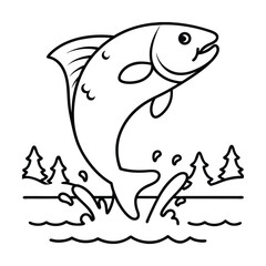 Fish jumping out of water line art with trees in background simple illustration