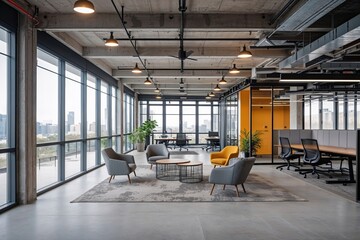 Spacious Unoccupied Coworking Space Featuring Contemporary Office Design and Large Work Areas